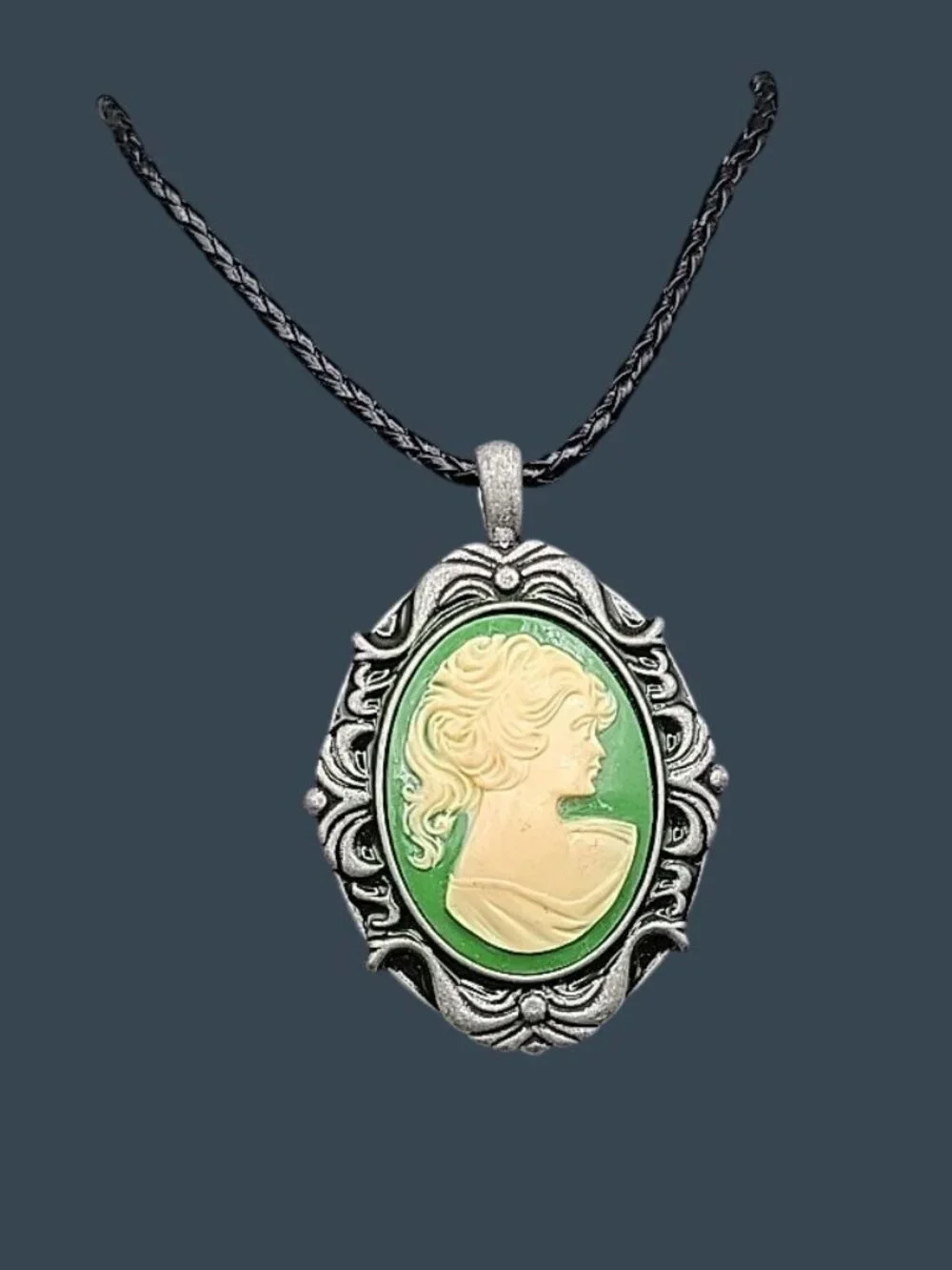 Vtg Large Cameo Lady Statement Pendant  Necklace Green White Resin Black Cord